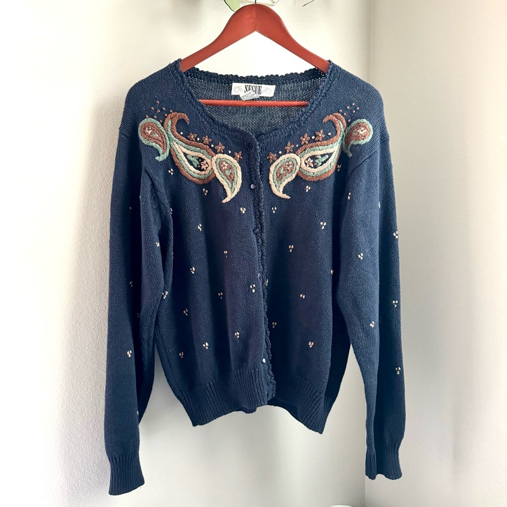 Vintage Segue Crochet Knit Paisley Cotton Blend Button Down Sweater Large